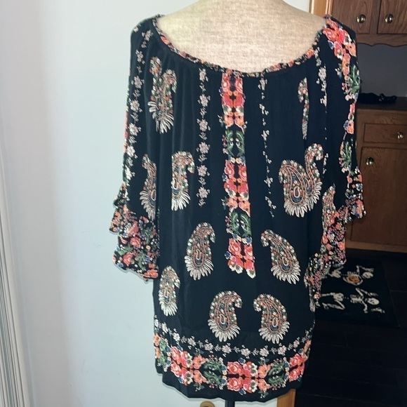 bila Womens Peasant Top XL Black Paisley Print 3/4 Length Flutter Sleeves Rayon - Picture 4 of 6